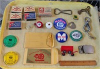 LOT: MATCH BOXES, PINS, BUCKLE, OPENER ++