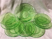 Federal green depression bowl & small plates