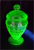 Vintage uranium glass lidded candy jar, note