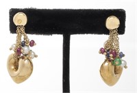 14K Ruby, Sapphire, Emerald & Pearl Heart Earrings