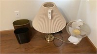Lamp, fan, trash cans