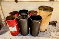 (1) Large Cardboard Barrel, (3) Large Trash Cans