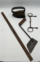 Antique Cast Iron Sadiron, Bit, Ruler & More