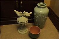 3 Garden Pieces (vase,planter, resin bird)