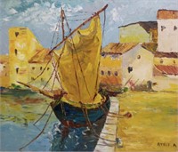 Anyck A., Sail Fishing Boat Harbour Scene, Oil