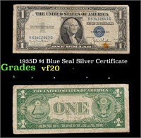 1935D $1 Blue Seal Silver Certificate Grades vf, v