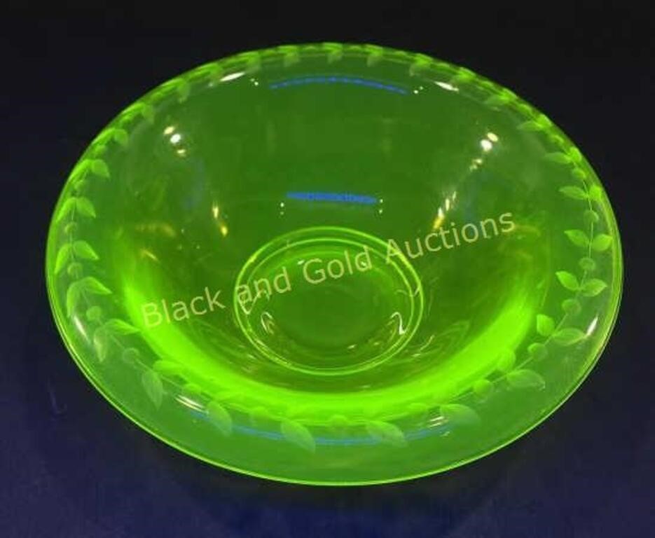 Etched Vaseline/Uranium Glass Serving Bowl