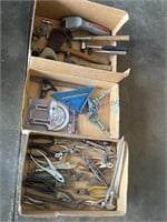 3 BOXES MISC TOOLS--PLIERS, HAMMERS, CLAMPS, ETC