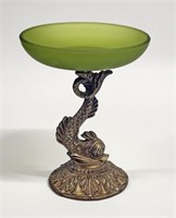 VINTAGE AVOCADO SATIN GLASS SEA SERPENT DISH