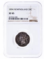 1894 Newfoundland 20 cents XF45 NGC