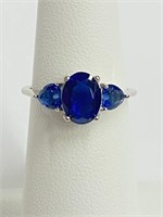 .925 Silver Oval & Heart Shaped Sapphire Ring Sz