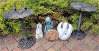 (2) Plastic Bird Baths, Concrete Swan & More