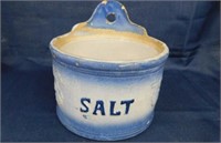 Antique 1800's blue & white glazed stoneware salt