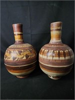 2 Vintage Hand Painted Mexican Clay Pottery Vases