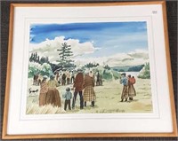 Signed Gawboy (Carl) watercolor- village gathering