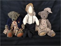Two vintage bears (13-in tall) and an Amish doll.
