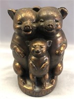 VINTAGE METAL THREE LITTLE PIGS COIN BANK 5" TALL
