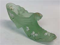 Fenton Green Satin Hand Painted Glass Shoe,