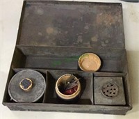 Antique tin ink well writing box, with ink nibs,