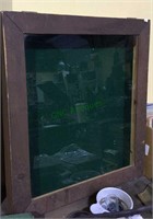Green lined wood frame show case, hinged glass