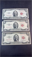 (3) 1953 RED SEAL $2 DOLLAR BILLS