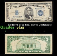 1934C $5 Blue Seal Silver Certificate Grades vf+