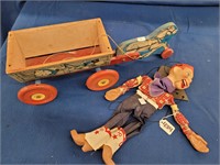 16" Howdy Doody Marionette Doll & Wooden Toy Wagon