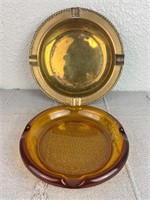 Vintage Amber Glass and Brass Ashtray