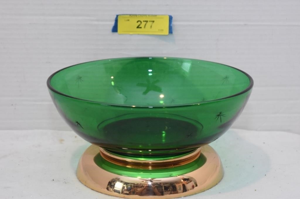 Vintage Art Deco Etched Green Glass Bowl w/Brass