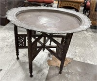 Vintage India Brass Center Table with Ornate Wood