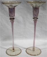 Pair Art Glass Candleholders 12"