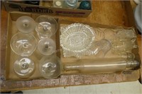 2 boxes clear glass items and rolling pin