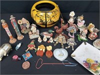 Collectible figurines, large clay pot,