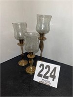 Set of (3) Brass & Glass Candle Holders(Bd1)