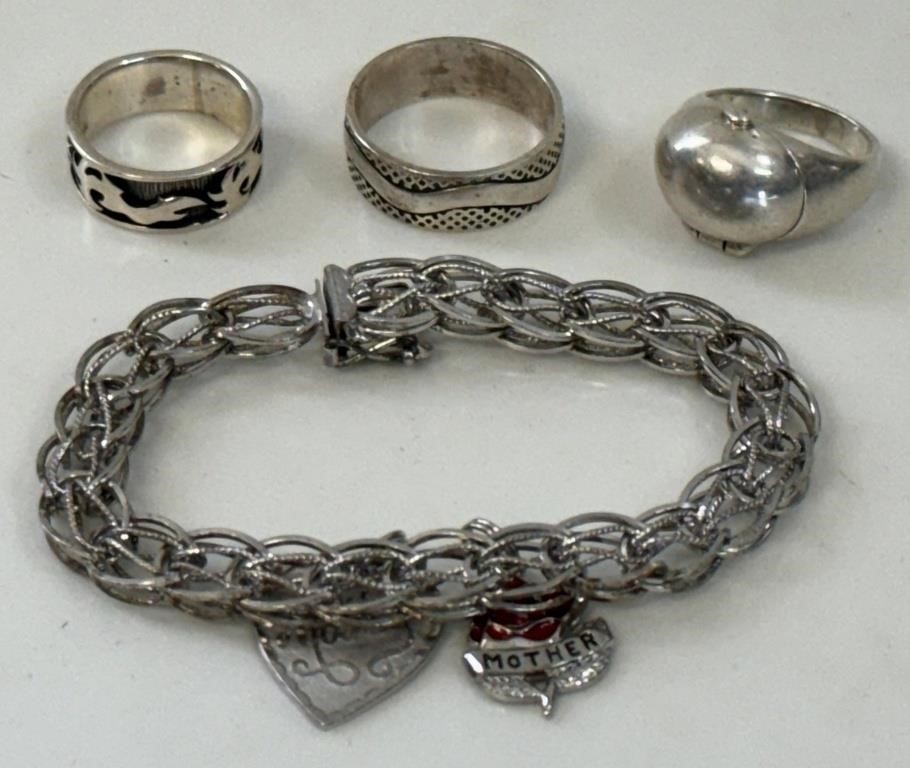 3 NICE STERLING SILVER RINGS AND CHARM BRACELET