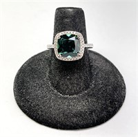 Sterling Cushion Cut 3.56 CT Emerald Ring Size 7