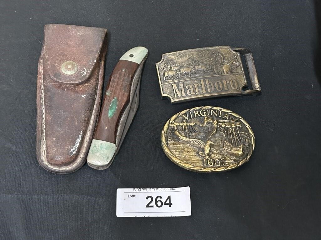 Vintage Belt Buckles And Case XX Knife