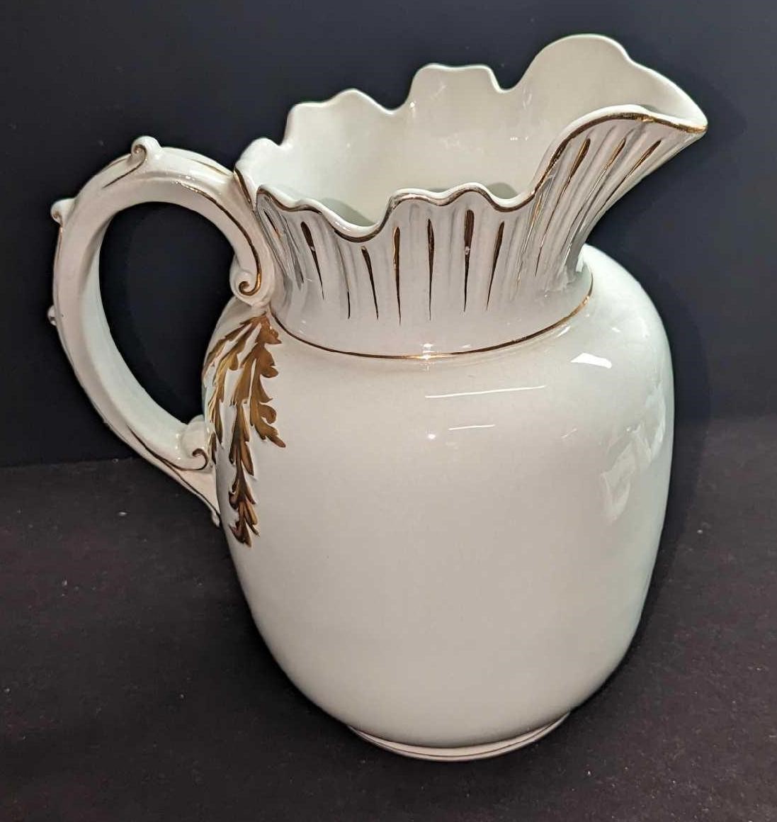 Large Porcelain White Water Pitcher With Gold Trim