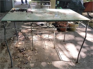 WROUGHT IRON TABLE (GLASS TOP) AND CHAIR -