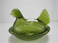 GREEN GLASS 7" HEN ON NEST