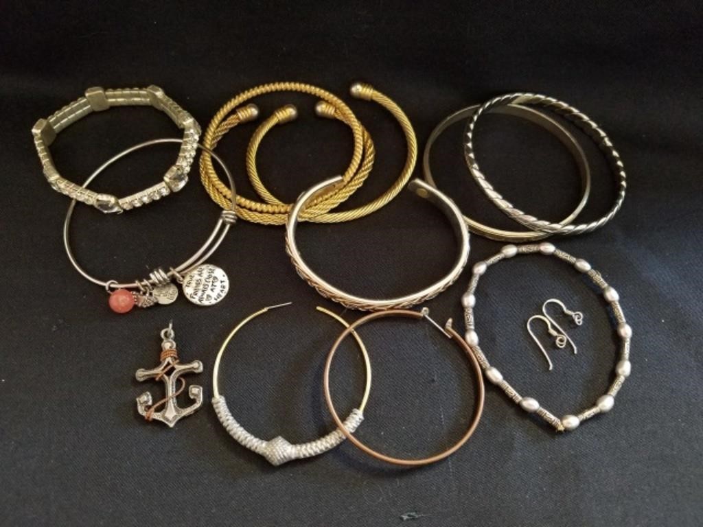 9 Bracelets, 2 Hoop Earrings, 1 Anchor Pendant,