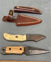 Two Damascus Knives & Leather Sheaths