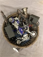 WICKER BASKET W/ MINI MOTORCYCLES, OTHER MISC