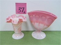(2) Fenton Pieces- Rosalene Pink Paneled Fan Vase,