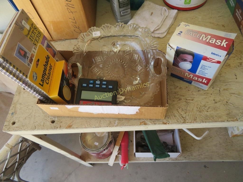 Lot: Masks, Service Dish, Lampshade Cleaner, More