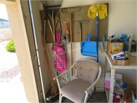 Garage Corner Roundup, Yard Tools, Brooms, Chair