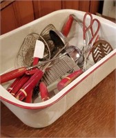 Red enamelware, roasting pan, vintage red utensils
