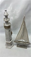 Wooden lighthouse and boat ornaments