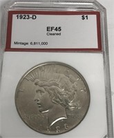 Slab 1923-D Silver Peace Dollar EF45 cleaned