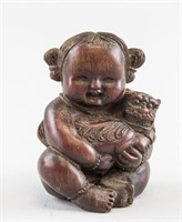 Chinese Zitan Wood Carved Girl and Lion Cub Statue